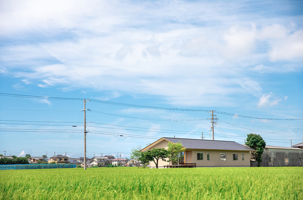 高さを抑えてのどかな風景の中に馴染む外観