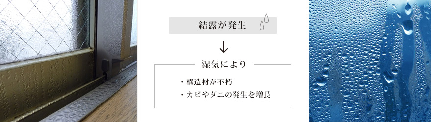 結露が発生 湿気により構造材が不朽したり、カビやダニの発生を増長